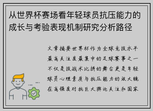 从世界杯赛场看年轻球员抗压能力的成长与考验表现机制研究分析路径
